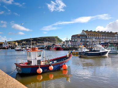 A harbor with fishing boats on water and buildings along the shore at 30 Fleet Street in Beaminster