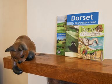 A wooden shelf with a brown cat figurine and three Dorset walking guide books at 30 Fleet Street in Beaminster