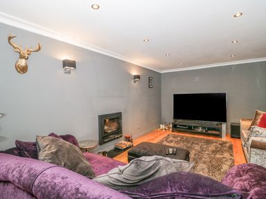 A living room with a purple sofa a wall-mounted fireplace a large television and a brown rug at Orchard Leigh in North Petherton