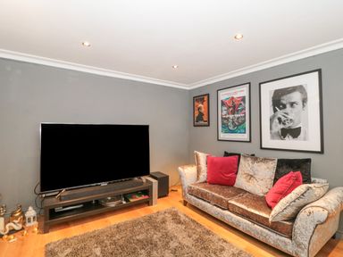 A living room with a large television on a stand and a sofa with cushions and framed pictures on the wall at Orchard Leigh in North Petherton