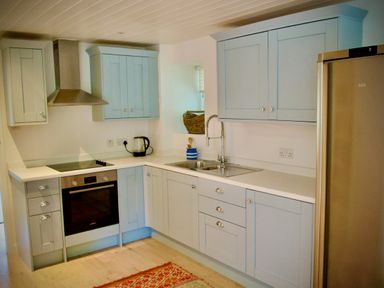 A kitchen with blue cabinets a stainless steel oven and fridge and a sink at Windrush in Burford