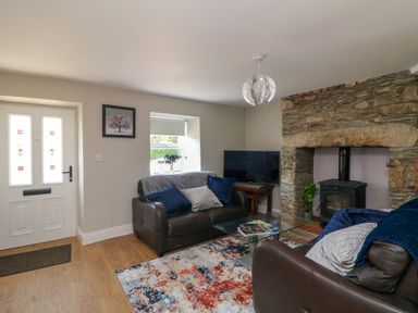 A living room with brown leather sofas a glass coffee table a stone fireplace and a television at An Teach Ban in Bunclody County Wexford