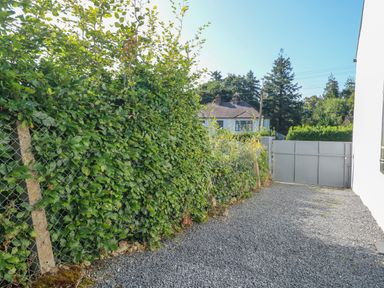 An outdoor gravel driveway with a chain link fence covered in green foliage and a metal gate at An Teach Ban in Bunclody County Wexford