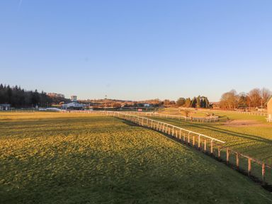 A grassy racecourse with white railings and trees in the background at Ramblers Lodge Bowland Bridge near Bowness-On-Windermere Lake District