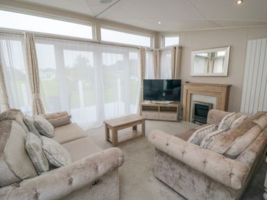 A living room with two sofas a coffee table a television and a fireplace at Finch 65 in Cayton Bay