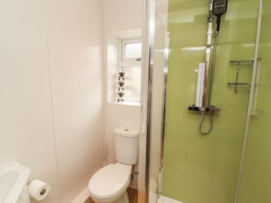 A bathroom with a toilet near a window and a shower with a green wall at Grace House in Silloth