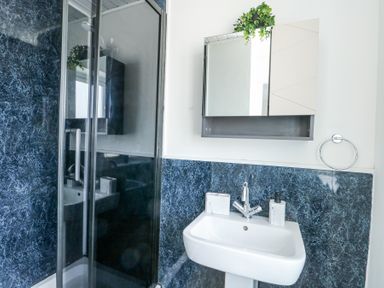 A bathroom with a white sink, a wall-mounted mirror cabinet with a plant on top, and a glass shower enclosure with dark blue marbled walls at Ty Copr in Amlwch