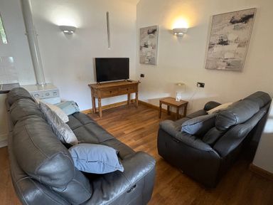 A living room with a sofa and TV at Woodside Cottage in Kerry