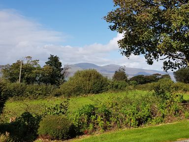 A garden with green grass and bushes with trees and mountains in the background at Knockbrack Lonart near Killorglin County Kerry