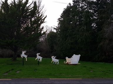 A lawn with Christmas decorations of three reindeer and a sleigh near trees at Knockbrack in Lonart near Killorglin County Kerry