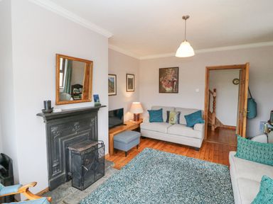 A living room with sofas, a fireplace, a rug, a lamp, and framed pictures on the wall at Knockbrack Lonart near Killorglin County Kerry