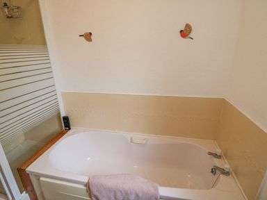 A bathroom with a bathtub next to a shower area and bird decorations on the wall at Knockbrack in Lonart near Killorglin County Kerry