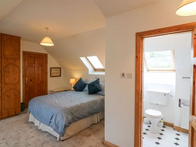 A bedroom with a bed table lamp and wooden doors adjacent to a bathroom with a toilet and skylight at Knockbrack Lonart near Killorglin County Kerry