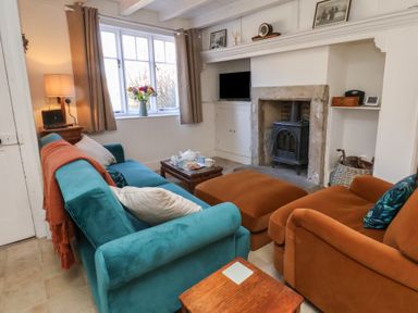A living room with a teal sofa and orange armchair facing a wood stove and a window with flowers on the sill at Field View in Ruswarp