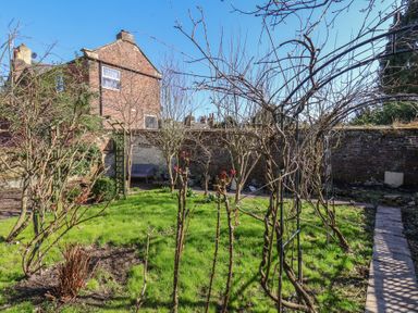 A small garden with grass trees and a bench near a brick wall and a brick house at Field View in Ruswarp