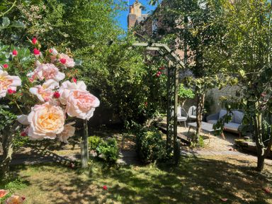 A garden with flowers and seating area at Field View Ruswarp