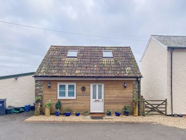 A small house with a tiled roof and wooden front wall with potted plants and a white door at The Wheelhouse Beacon near Yarcombe