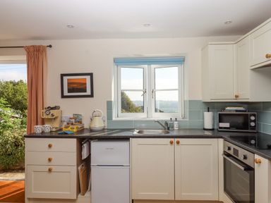 A kitchen countertop with a coffee machine kettle microwave oven and sink under a window at The Wheelhouse Beacon near Yarcombe