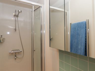 A shower area with a handheld showerhead and blue towel on a rail in a bathroom at The Wheelhouse Beacon near Yarcombe