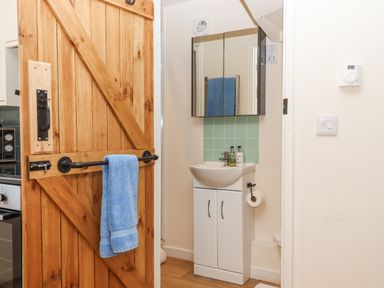 A small bathroom with a wooden door a white sink cabinet a mirrored medicine cabinet and a blue towel at The Wheelhouse Beacon near Yarcombe