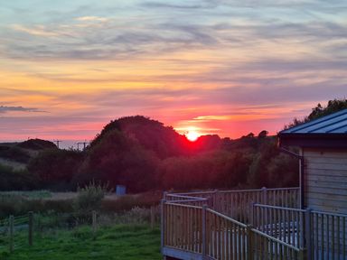 Sunset with vibrant colors over trees and a house with wooden railing in the foreground at Cove Lodge in Ilfracombe