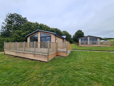 Two wooden cabins with large windows and fenced decks on a grassy land with trees in the background at Cove Lodge in Ilfracombe