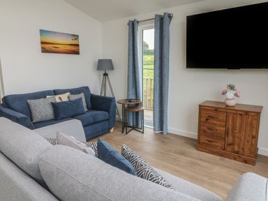 A living room with two sofas a wooden cabinet a large TV and a door with curtains at Cove Lodge in Ilfracombe