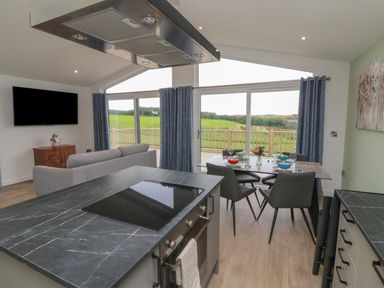 A kitchen and dining area with a stove, dining table set with bowls and glasses, sofa, and large windows overlooking green fields at Cove Lodge in Ilfracombe