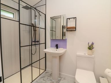 A bathroom with a shower enclosure sink toilet and small wall shelf at Cove Lodge in Ilfracombe