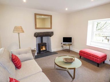 A living room with a sofa a fireplace a TV on a small table a round coffee table and a red plaid bench at Beaver Grove Cottage in Betws-Y-Coed