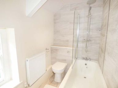 A bathroom with a bathtub shower combo toilet and radiator at Beaver Grove Cottage in Betws-Y-Coed