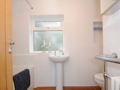 A bathroom with a pedestal sink window with bird decorations bathtub with towel and toilet at Waves Edge in Looe
