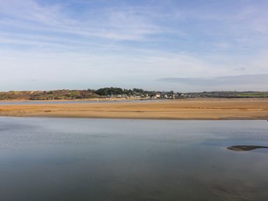 A river with sandbanks and houses with trees in the background at Pepper Cove near St Merryn