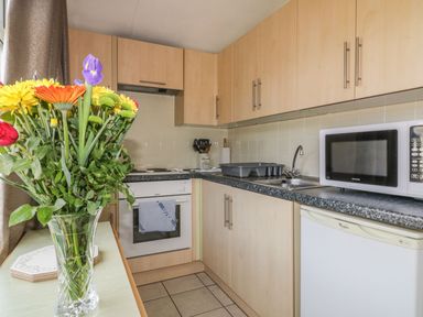 A kitchen with wooden cabinets a microwave a small refrigerator a stove and a vase of flowers near a window at Warren Cove near St Merryn