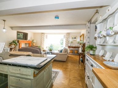 A living room and kitchen area with sofas plants and dishes on shelves at Holly Cottage in Llechwedd near Conwy