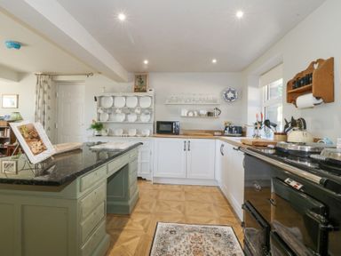 A kitchen with a green island countertop white cabinets black stove and shelves with dishes at Holly Cottage in Llechwedd near Conwy