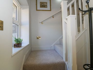 A carpeted staircase with a handrail a window with a plant on the sill and a coat stand at Holly Cottage in Llechwedd near Conwy