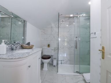 A bathroom with a sink and countertop a toilet and a glass shower enclosure at Holly Cottage in Llechwedd near Conwy