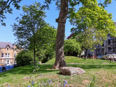 A grassy park area with trees a large rock and buildings in the background at Flat 1 in Scarborough