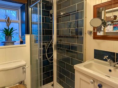 A bathroom with a shower, sink, toilet, and a window with a plant on the sill at Lamorna Cottage in Chipping Norton