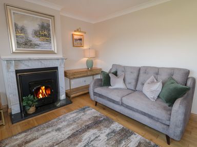 A living room with a gray sofa with pillows a fireplace with a fire a wooden console table with a lamp and paintings on the wall at Nelly's House in Gortahork County Donegal