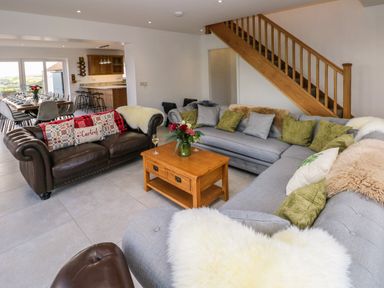 A living room with sofas pillows a wooden coffee table and a dining area with a table and chairs at Little Pale Near Whitland