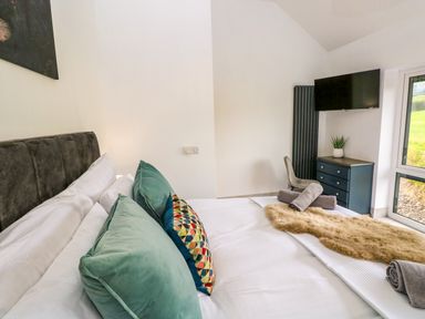 A bedroom with a bed with green pillows a TV on the wall and a dresser with a plant at Little Pale Near Whitland