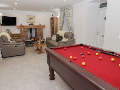 A living room with a red pool table a fireplace two leather sofas a wooden coffee table and a wall-mounted TV at Little Pale Near Whitland