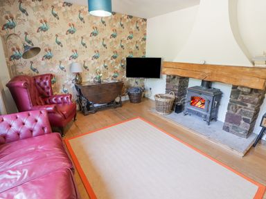A living room with red leather armchairs a wooden table fireplace and a wall-mounted TV at Clearbrook Lodge Llanarthney nr Llandeilo Carmarthenshire