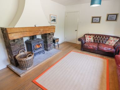 A living room with a wood-burning stove and basket a leather sofa with floral cushions and a rug on wooden floor at Clearbrook Lodge Llanarthney nr Llandeilo Carmarthenshire