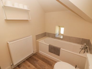 A bathroom with a bathtub a towel on the tub a radiator and a shelf with toilet paper at Clearbrook Lodge Llanarthney nr Llandeilo Carmarthenshire