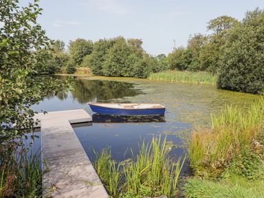 A small wooden dock with a blue boat on a pond surrounded by trees and reeds at Clearbrook Lodge in Llanarthney nr Llandeilo Carmarthenshire