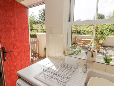 A kitchen sink with a drying rack and plants on the window sill next to a red door opening to a garden patio at Meadow Cottage in Llanarthney nr Llandeilo Carmarthenshire