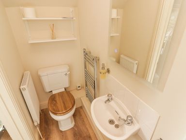 A small bathroom with a toilet with a wooden seat a wall shelf a radiator a towel rail a sink with a soap dispenser and a mirror at Meadow Cottage in Llanarthney nr Llandeilo Carmarthenshire